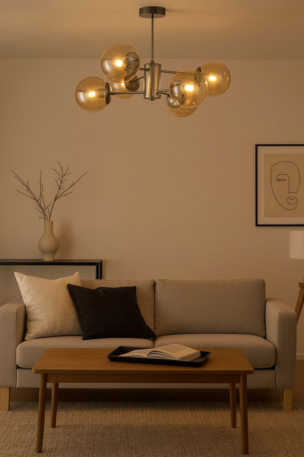 Seul Modern Tasarım Salon Yemek Odası Mutfak Gri Renk Bal Camlı Sarkıt 6 Lı Avize - 1