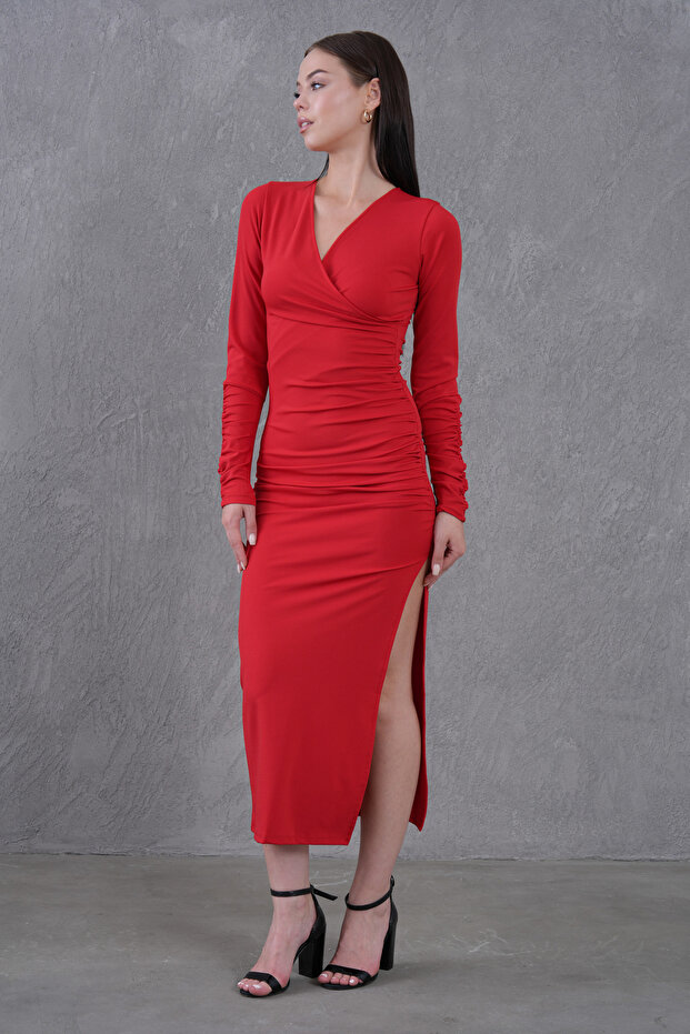 Women's Stretch Fabric Double Breasted Collar Slit Long Sleeve Midi Length Red Evening Dress 6031
