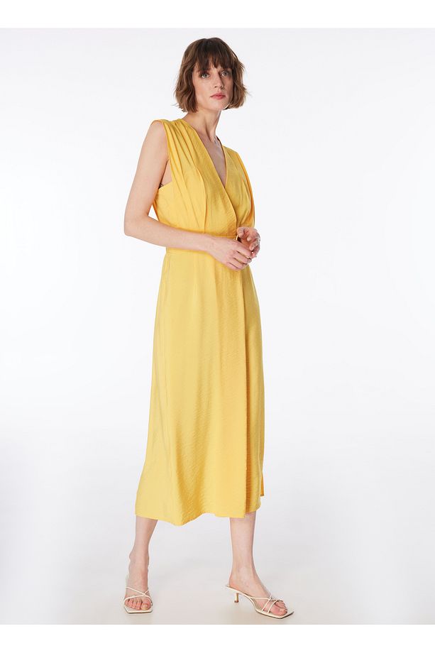 Sarı Kadın Kruvaze Yaka Basic Elbise F4sl-elb0202 - 1