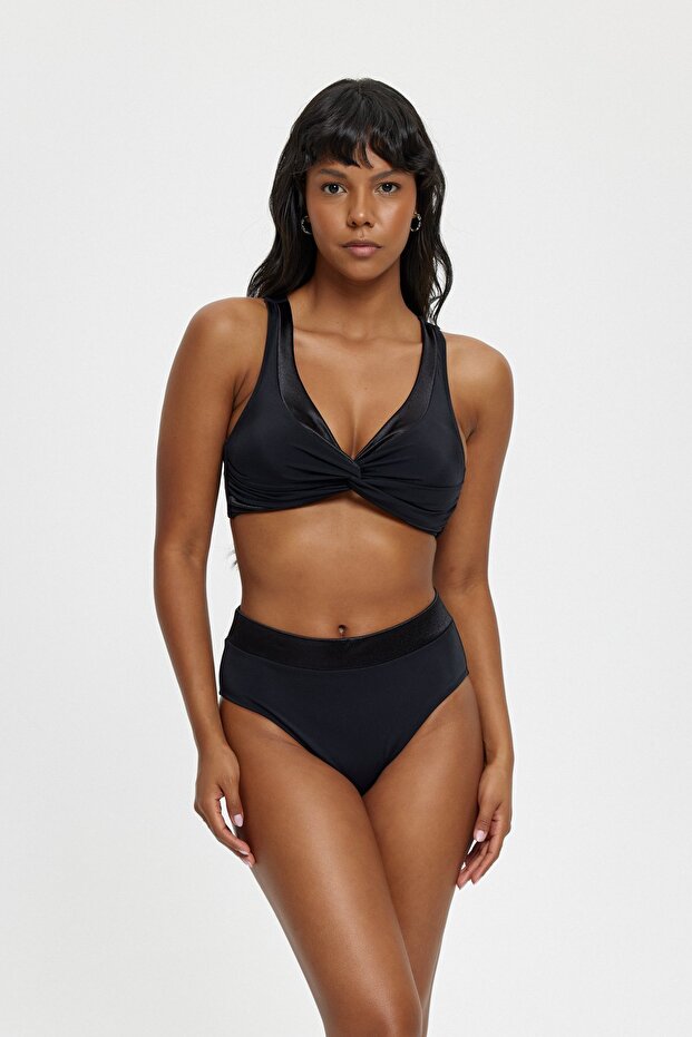 Satin Detail V-Collar Collecting High Waist Black Bikini Set