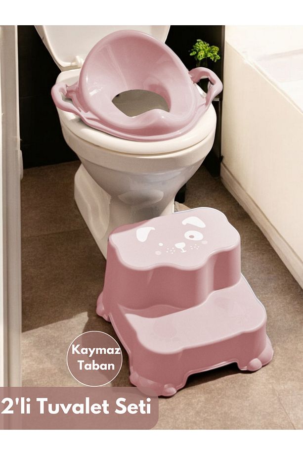 Çocuk Bebek Ilk Tuvalet Eğitimi Kaydırmaz 2 Katlı Tabure Basamak Ve Kulplu Adaptör Seti Pembe - 1