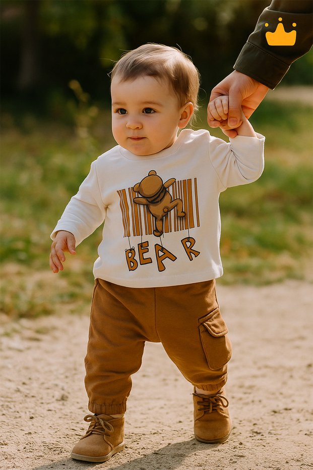 Baby Girl and Boy 2-Piece Teddy Bear Badi Pants Bottom Top Set Brown