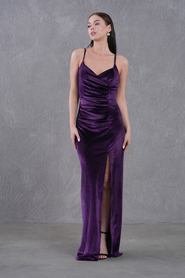 New Season Women's Velvet Low-cut and Slit Strap Evening Dress