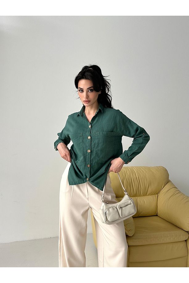Kadın Ahşap Düğmeli Pamuklu Çift Cepli Oversize Gömlek - 3