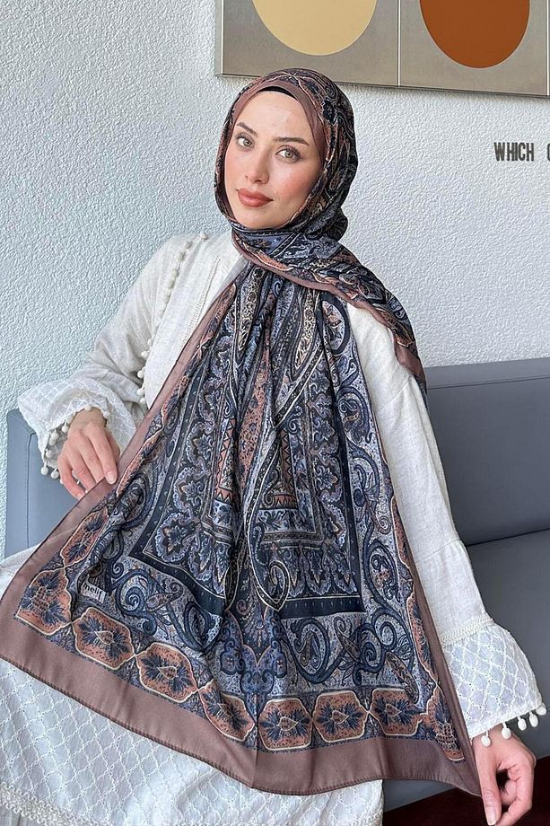 Retro Desen Pamuk Şal Camel Gri - 1
