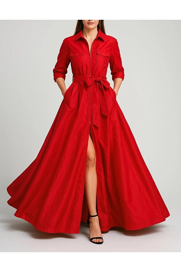 Önden Fermuarlı, Utility Cep Detaylı & Kuşaklı Maxi Tafta Elbise - 2