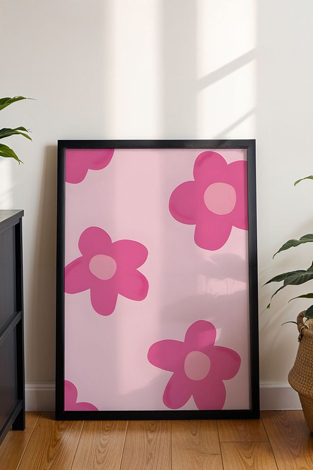 Pembe Çiçek Desenli Poster - Pastel Arka Planlı Retro Pop Art Stil - Minimal Duvar Baskısı - 3