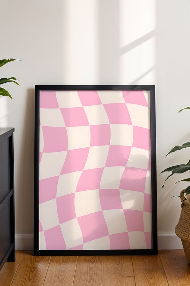 Açık Pembe Kavisli Kare Deseni - Dalgalı Satranç Modern Retro Minimalist Poster - Duvar Posteri - 3