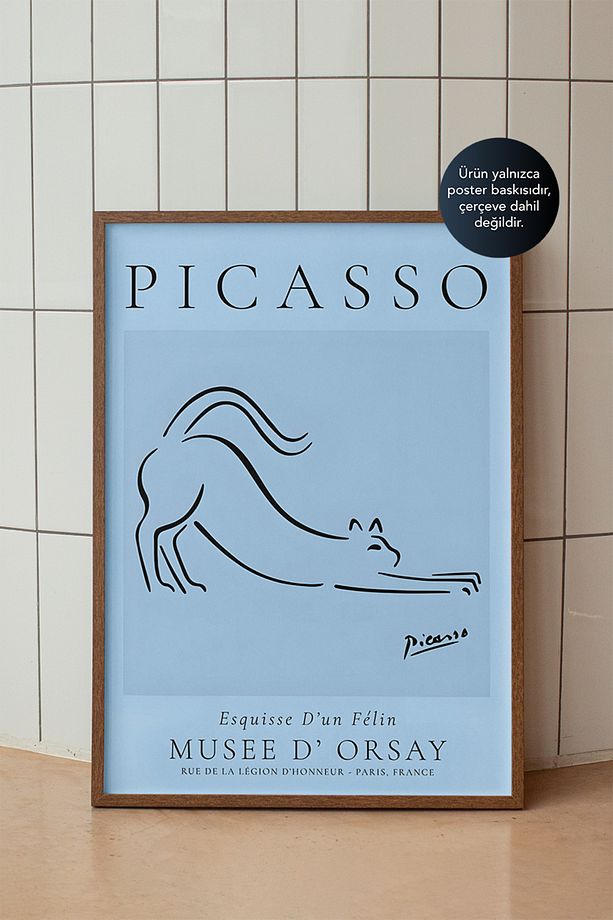 Mavi Esnek Kedi Çizimi ve Picasso Yazısı - Modern Minimal Hayvan Temalı Poster - 1