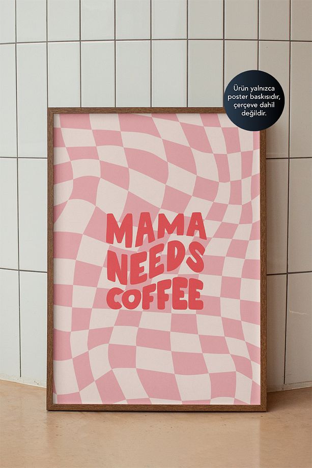 Needs Coffee Poster - Pembe Dalgalı Desenli Tipografi - Kahve Temalı Duvar Dekoru - Çerçevesiz Baskı - 1