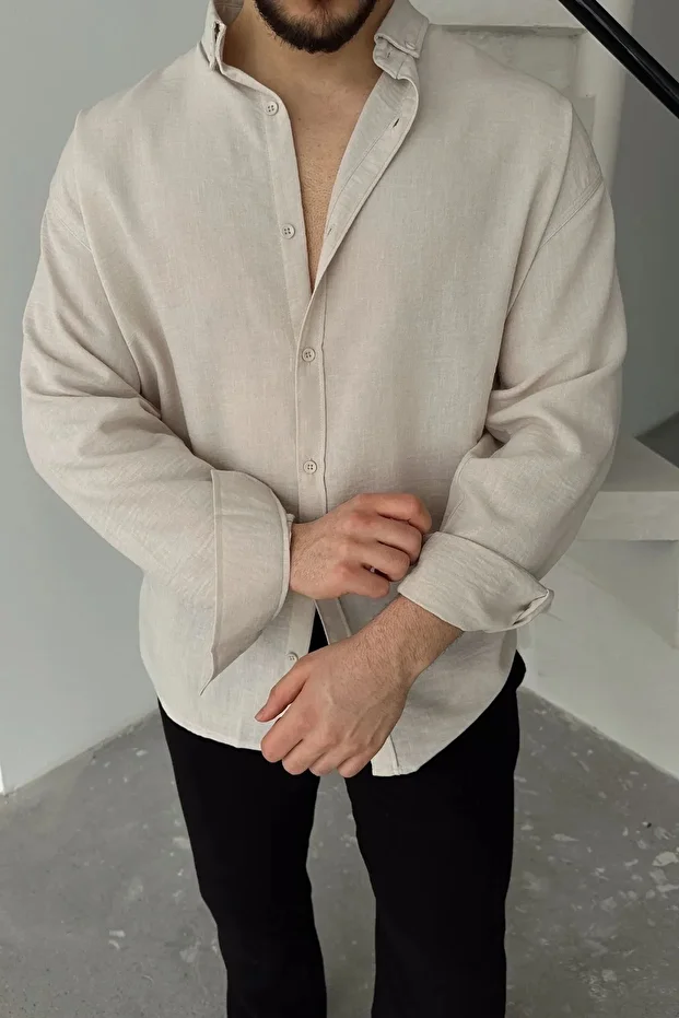 Bej Oversize Dokulu Gömlek - 5