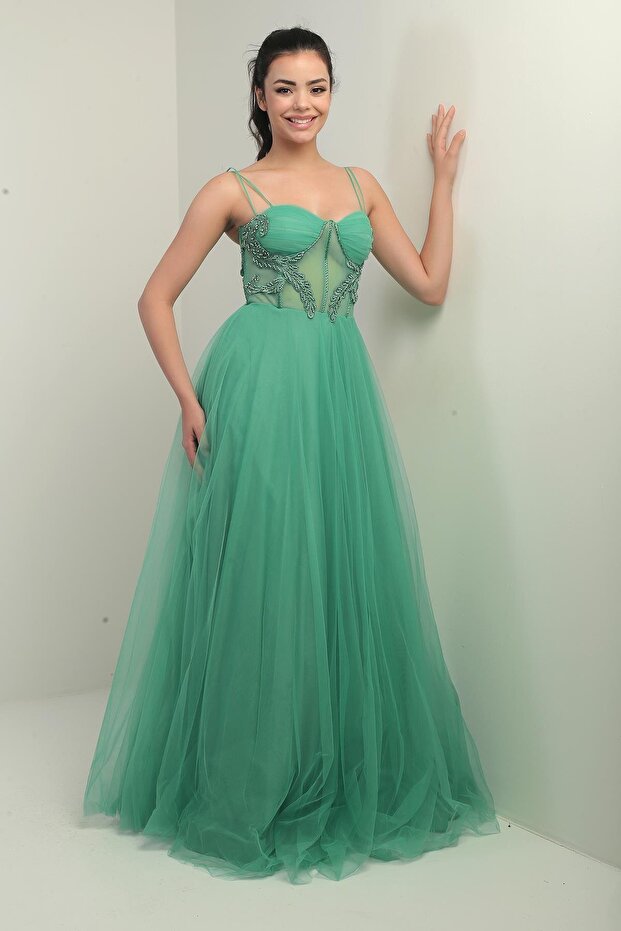Women's Rope Strap Lined Chest Pleated Beading Embroidered Long Princess Dress