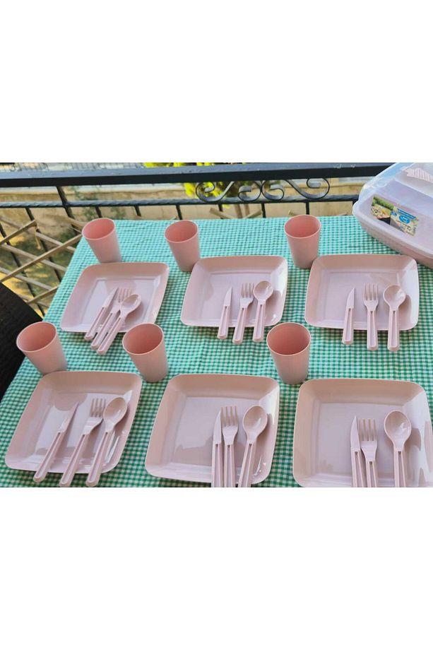 Piknik Seti 6 Kişilik 32 Parça Pembe 6 Adet Tabak 6 Adet Bardak 6 Adet Kaşık-çatal-bıçak - 1
