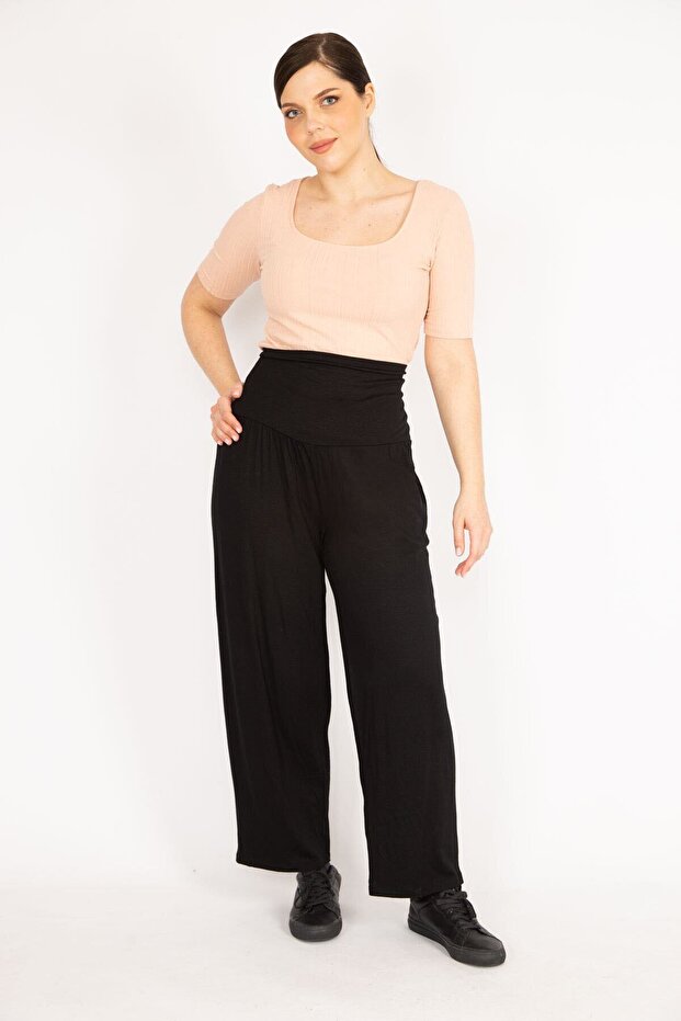 Women's Black Large Size Wide Corsage Belted Viscose Trousers 65n36113