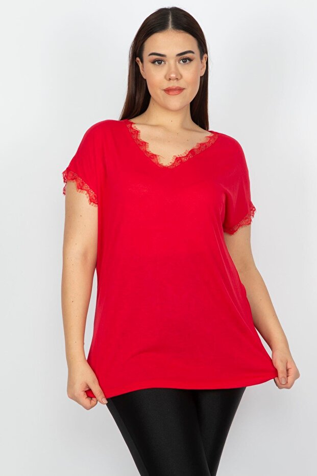 Women's Large Size Red Lace Detailed Viscose Blouse 65n13235 - 3