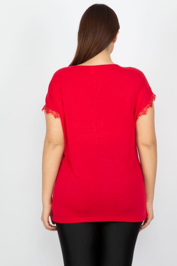 Women's Large Size Red Lace Detailed Viscose Blouse 65n13235 - 6