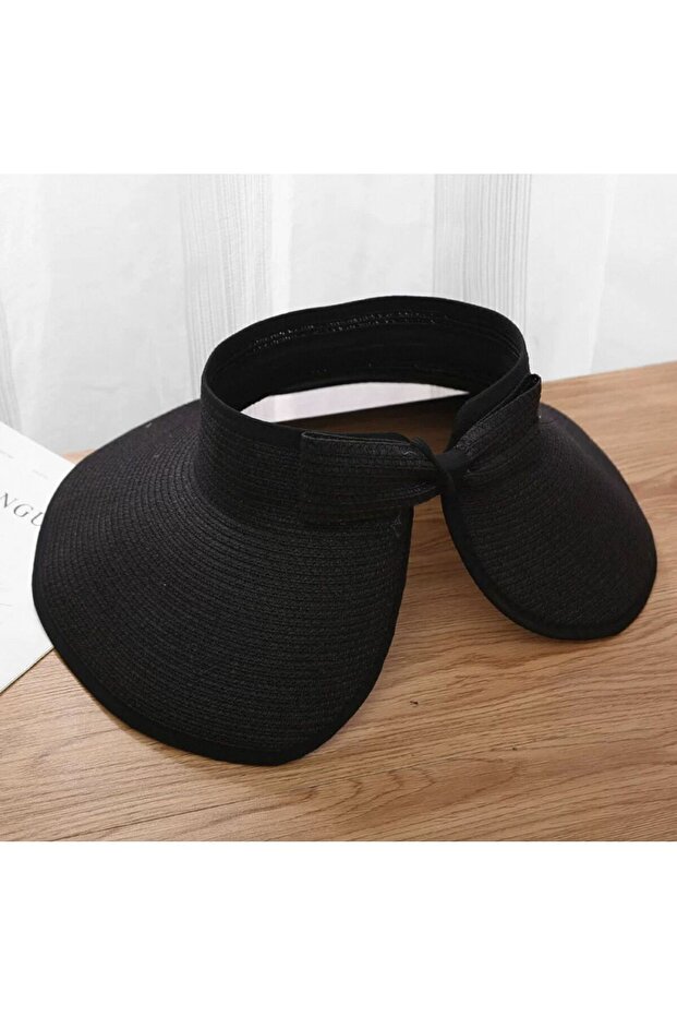 14624 Black Wide Open Top Straw Visor Hat with Bow - 7