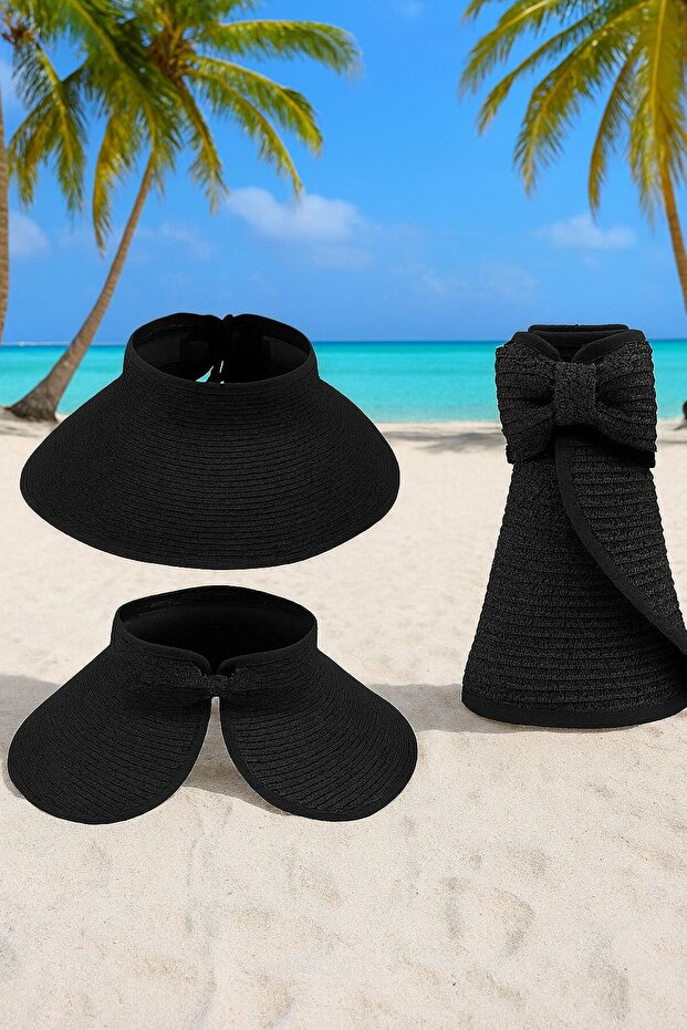 14624 Black Wide Open Top Straw Visor Hat with Bow - 1