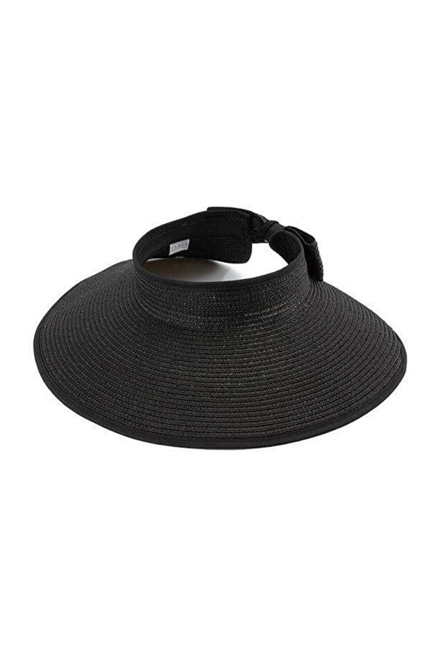 14624 Black Wide Open Top Straw Visor Hat with Bow - 6