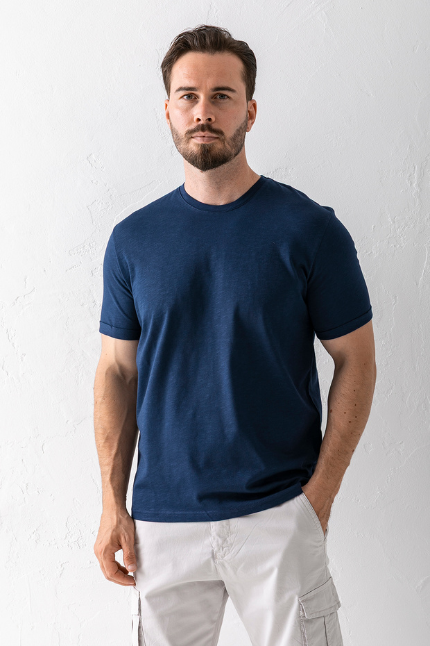 Men's Crew Neck Basic 100% Cotton T-Shirt Navy Blue - 25Y 2735