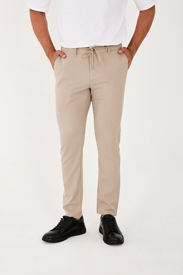 Men's Jogger Slimfit Waist Half Elastic Beige Fabric Trousers