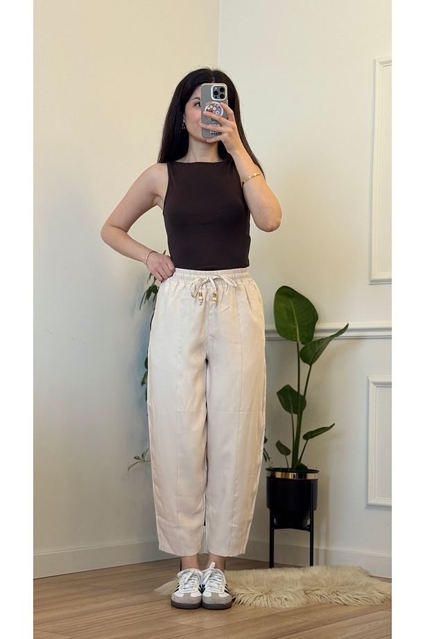Yazlık Bej Pantolon - Yüksek Bel, Bağcıklı, Günlük Konfor Jogger - 7