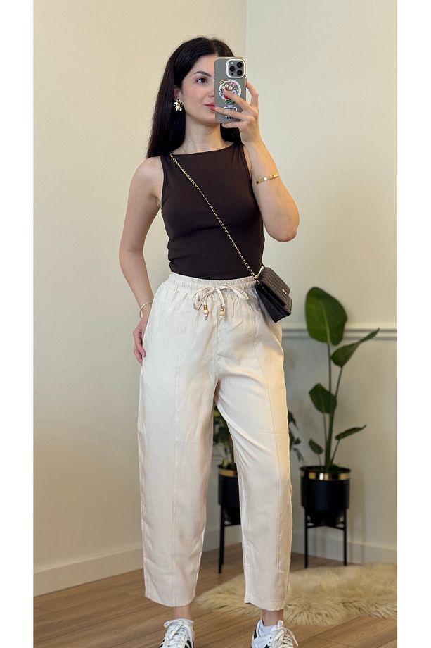 Yazlık Bej Pantolon - Yüksek Bel, Bağcıklı, Günlük Konfor Jogger - 3