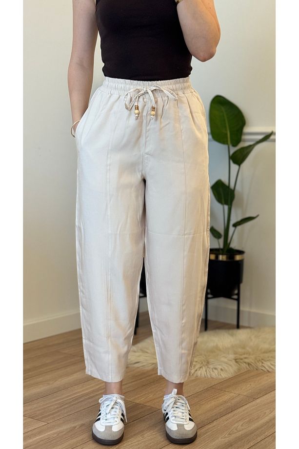 Yazlık Bej Pantolon - Yüksek Bel, Bağcıklı, Günlük Konfor Jogger - 4