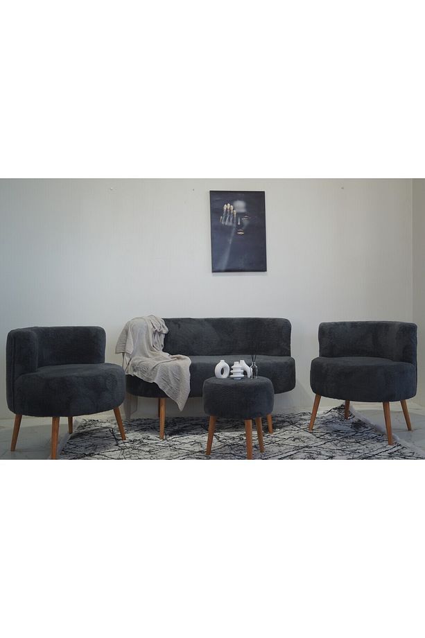 Antrasit Çay Seti Ikili Koltuk Berjer Ve Çift Kişilik Puf (SALON, BALKON, OFİS) 4'lü Takım - 4