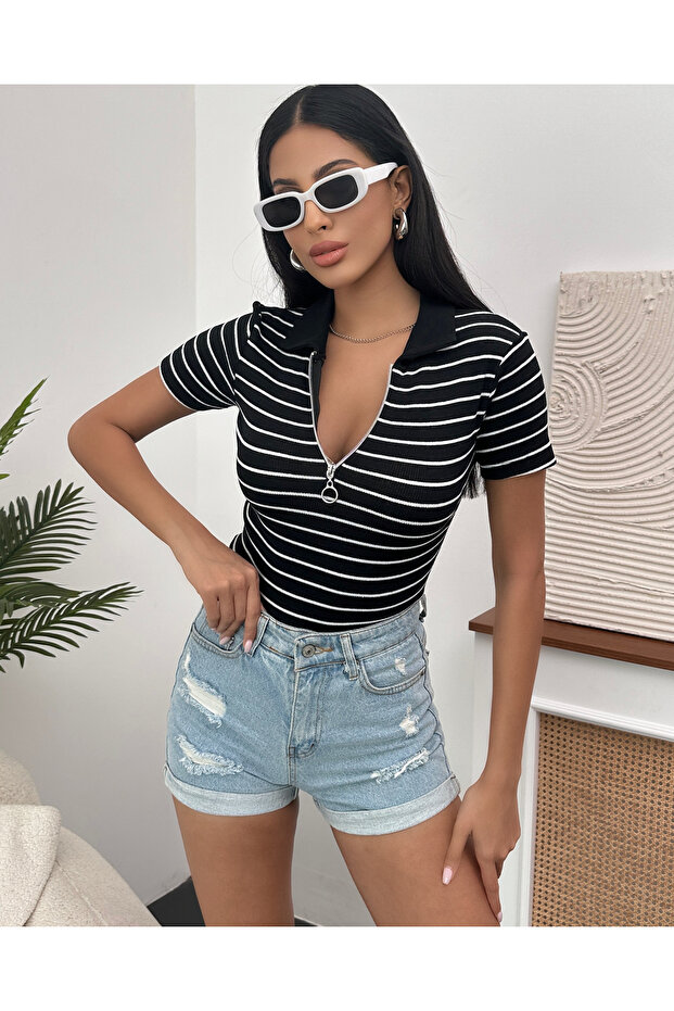 Women's Black and White Half-Zip Polo Collar Ribbed Knitted Blouse