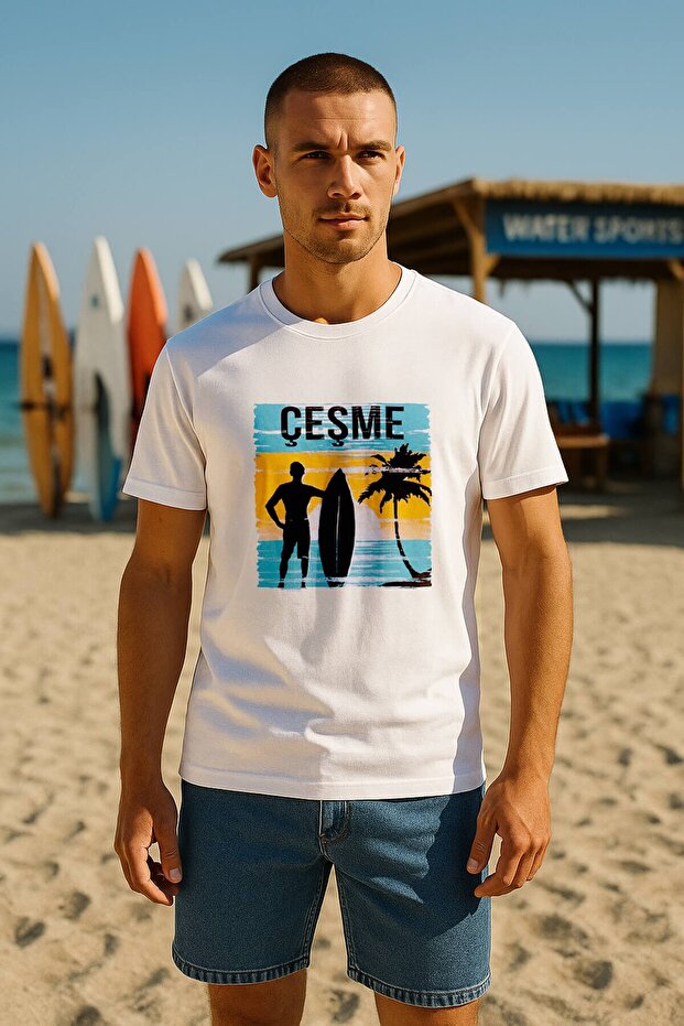 Men's Crew Neck 100% Cotton Fountain Printed Short Sleeve T-Shirt