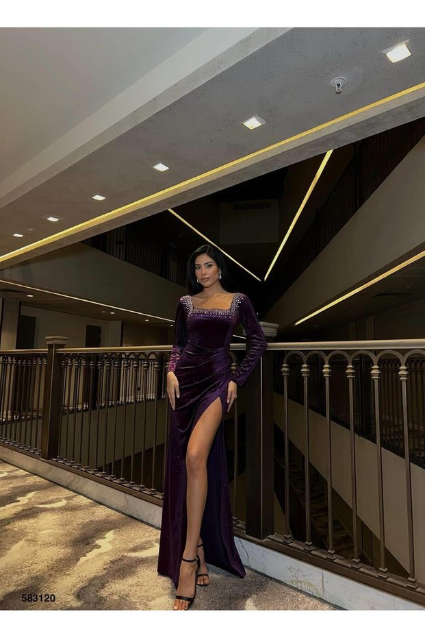 Square Neck Stone Long Sleeve Velvet Evening Dress Purple 583120
