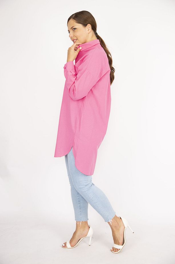 Kadın Büyük Beden Pembe Poplin Kumaş Ön Düğmeli Yan Yırtmaçlı Tunik 65N36795 - 1