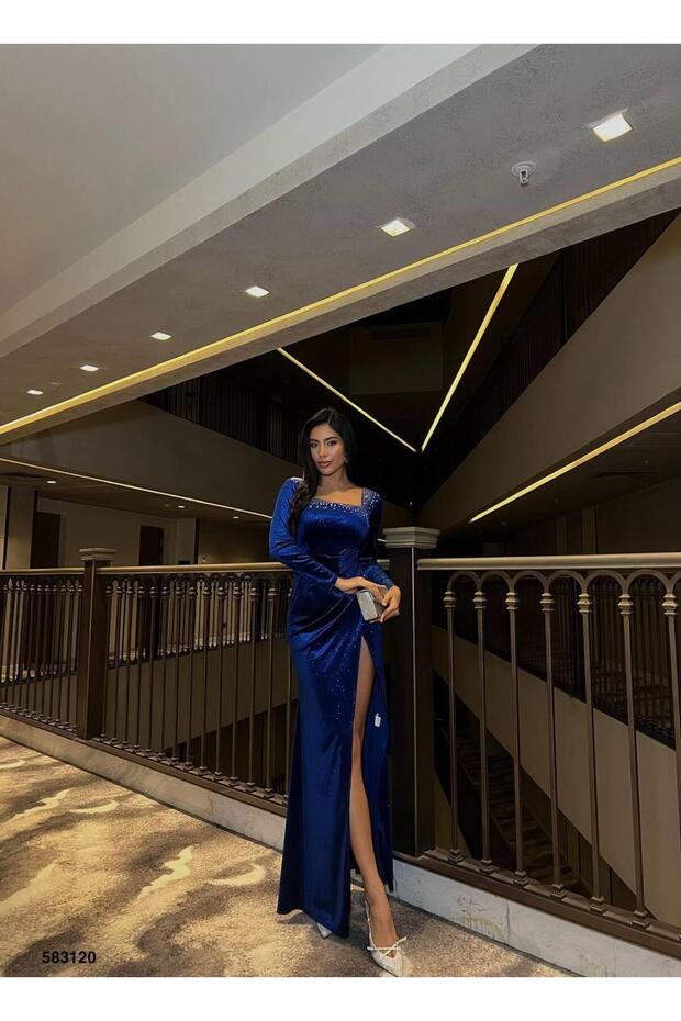 Square Neck Stone Long Sleeve Velvet Evening Dress Cobalt Blue 583120