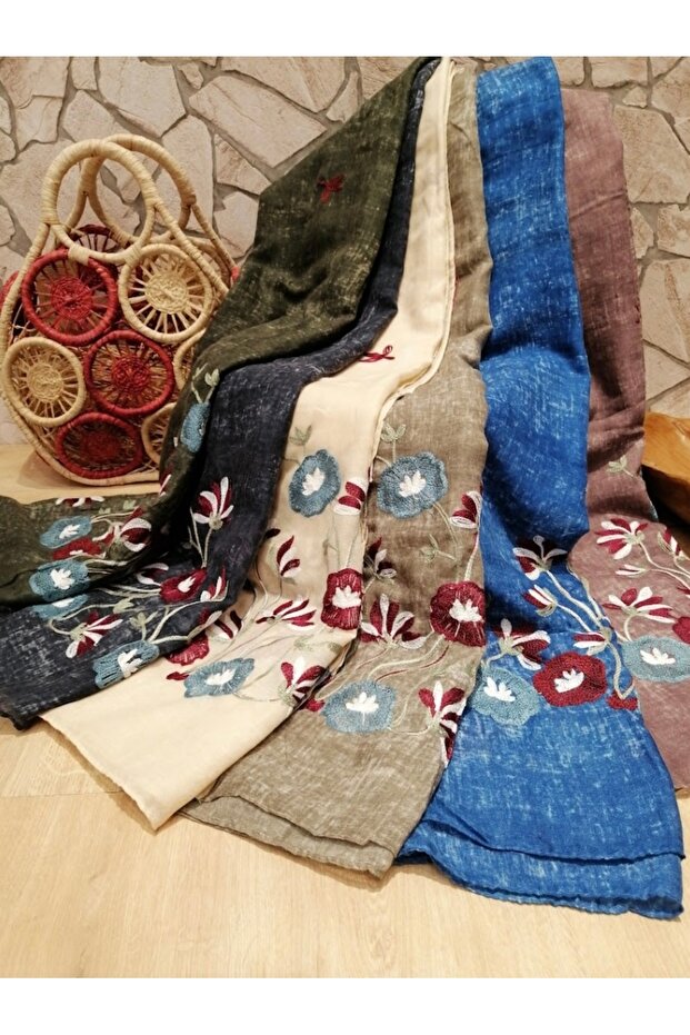 Natural Embroidered Organic Cotton Shawl 1608095