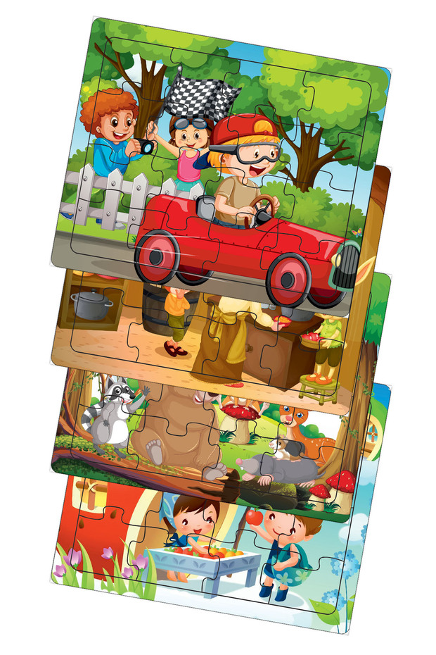 Kids on the Race, Forest Animals, Rabbits, Strawberry House 16 Pieces Wooden Puzzle Jigsaw Puzzle Set of 4