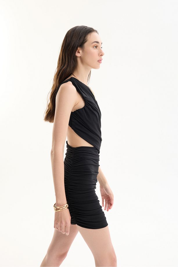 Drape Detaylı Tek Omuz Cut Out Mini Elbise Siyah - 3