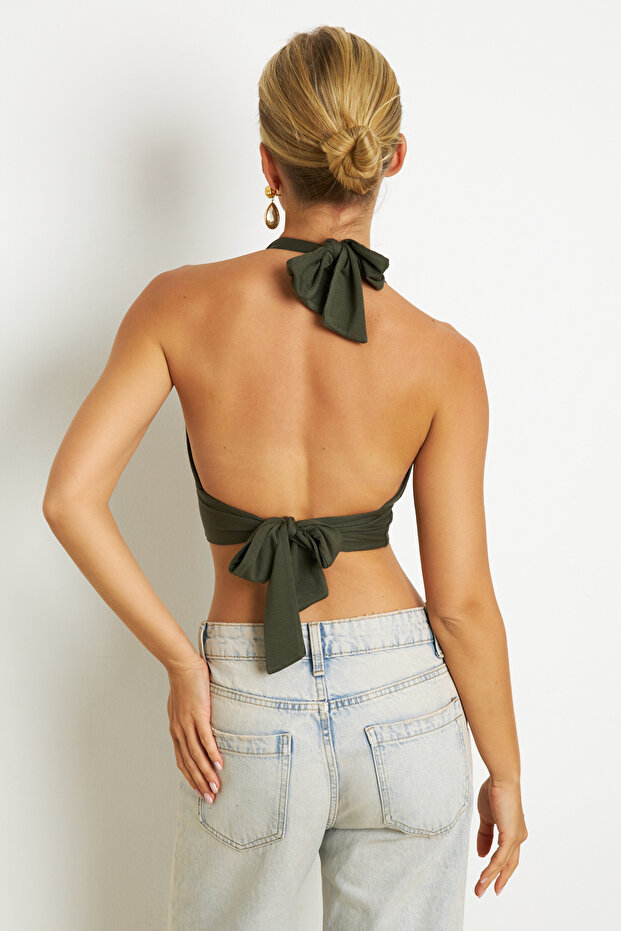 Women's Khaki Back and Neck Tie Blouse Ey1472