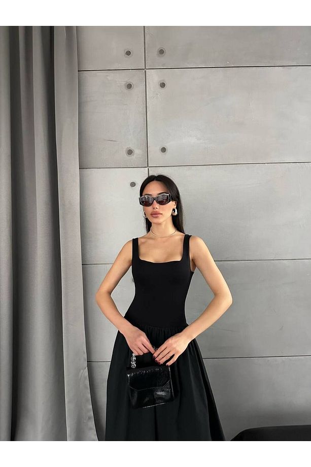 Kare Yaka Üstü Esnek Örme Poplin Etekli Midi Elbise - 4