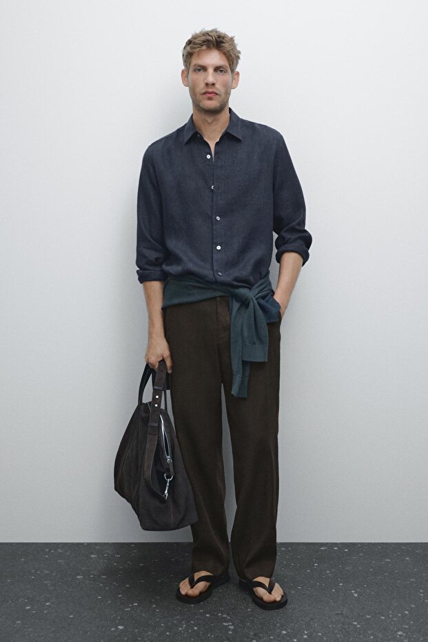 %100 keten slim fit gömlek - 1