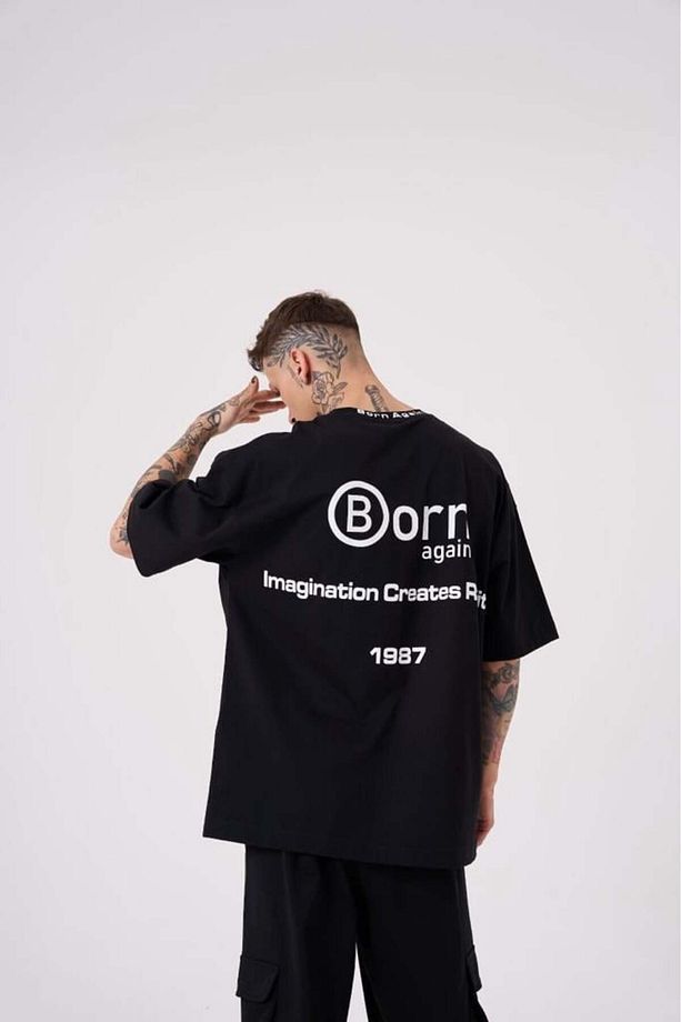 Erkek Imagination Creates Baskılı Oversize Siyah Tişört - 3