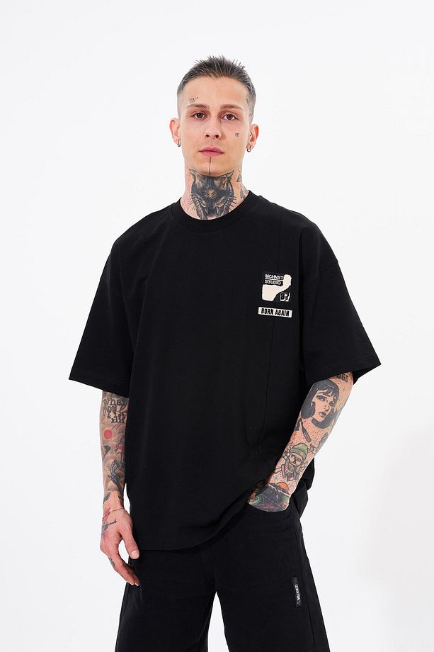 Erkek Ripped Technical Nakışlı Oversize Siyah Tişört - 3