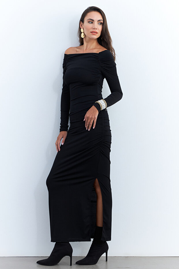 Women's Black Draped Maxi Dress Shr7