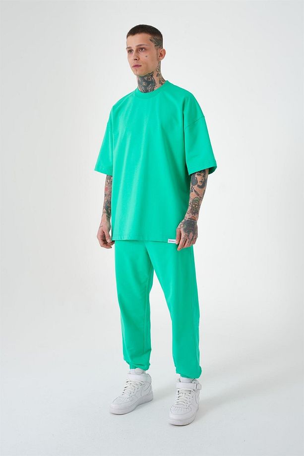 Erkek Basic Pamuklu Oversize Yeşil Tişört - 3