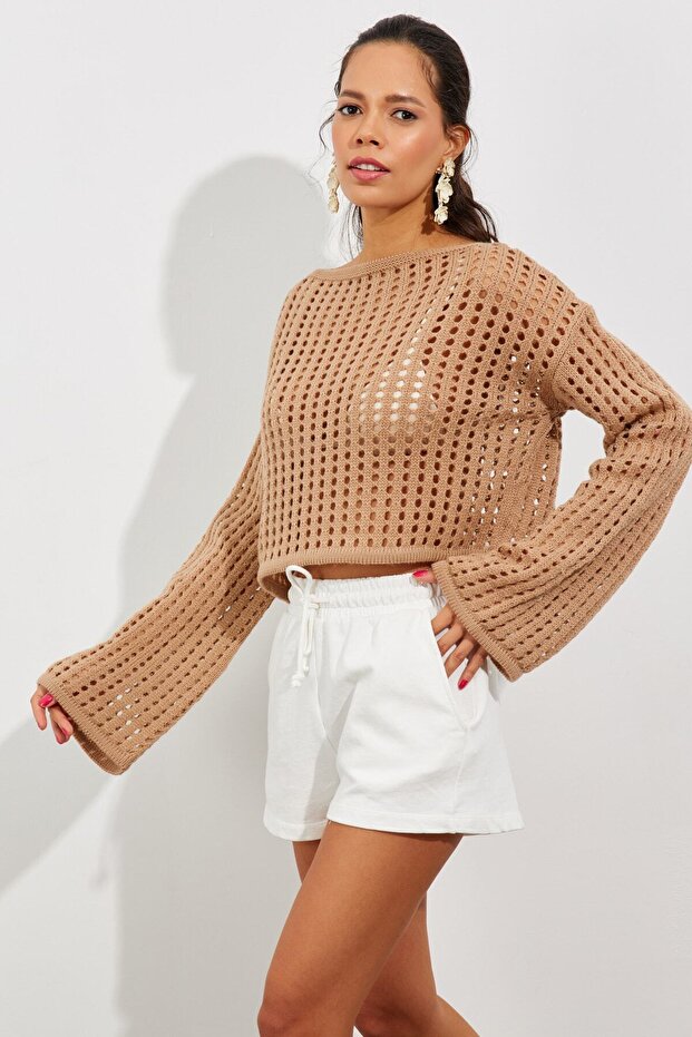 Women's Camel Spanish Sleeve Openwork Knitwear Short Blouse SMT181