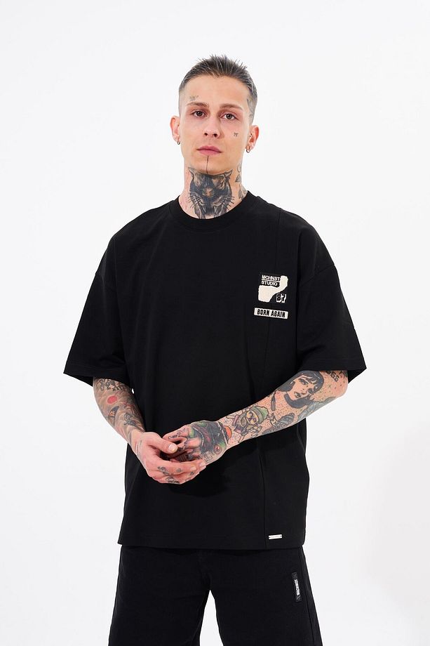 Erkek Ripped Technical Nakışlı Oversize Siyah Tişört - 2