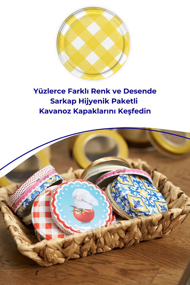 Hijyenik Paketli 10 adet Kavanoz Kapağı – Mat Sarı Ekose – 82 mm - 5
