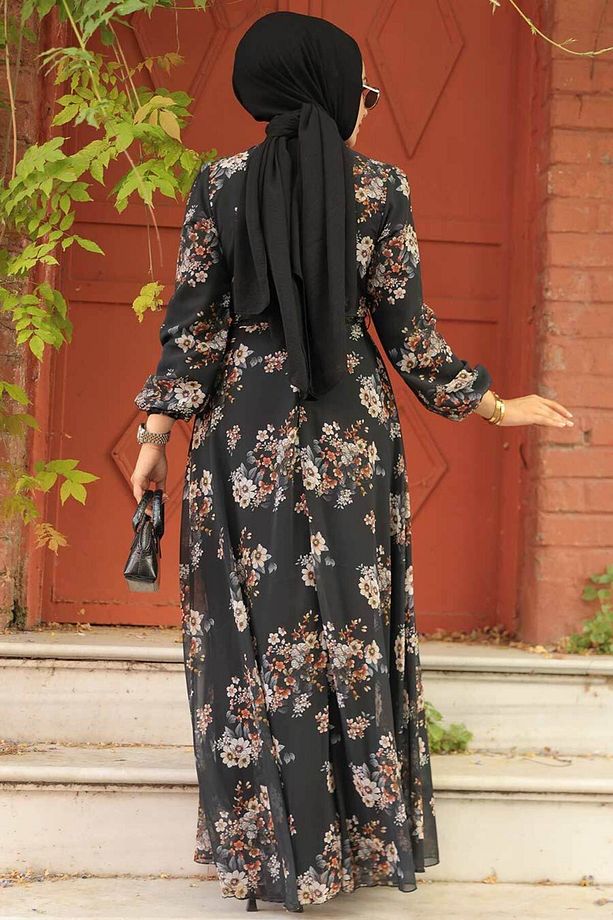 Çiçek Desenli Siyah Tesettür Elbise 279082s - 3