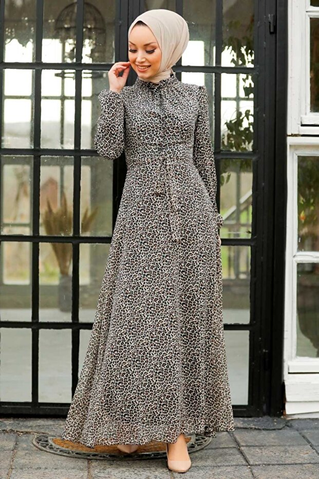 - Leopard Patterned Gray Hijab Dress 27904gr