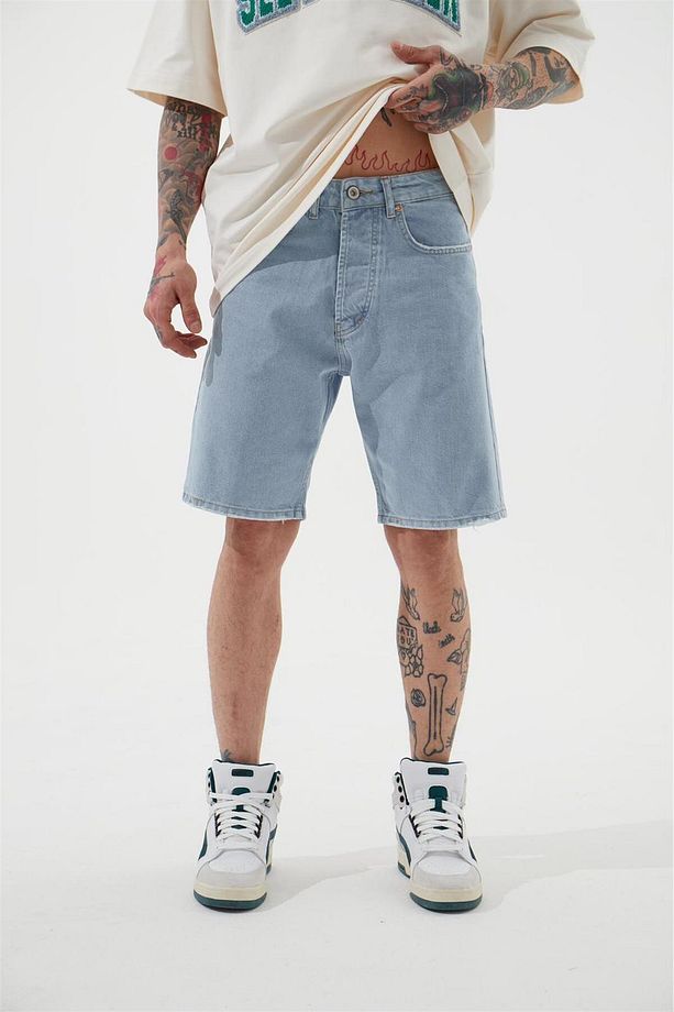 Erkek Loose Fith Denim Açık Mavi Bermuda Şort - 6